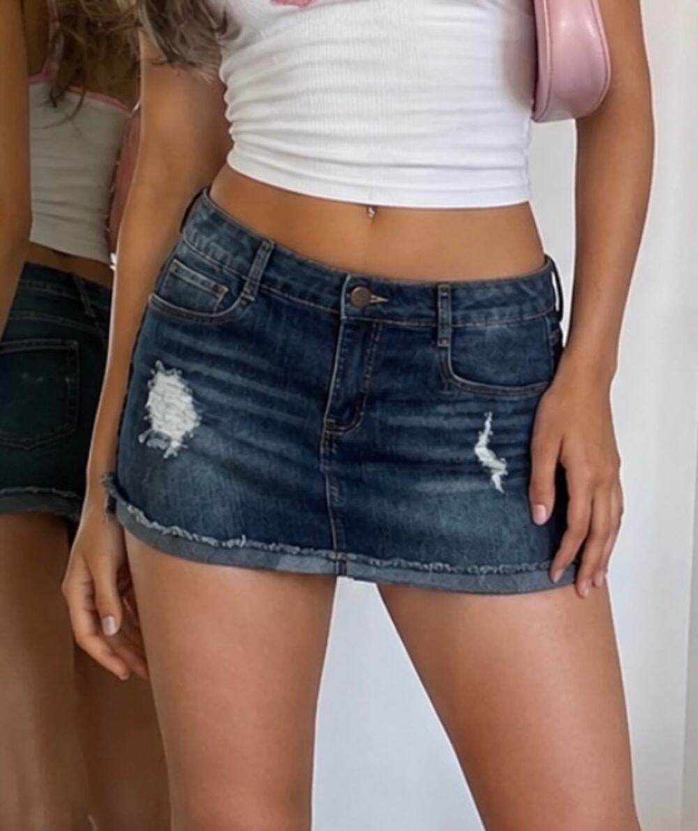 Vintage Dollhouse distressed denim jean Micro mini skirt cuffed hem Y2K Small